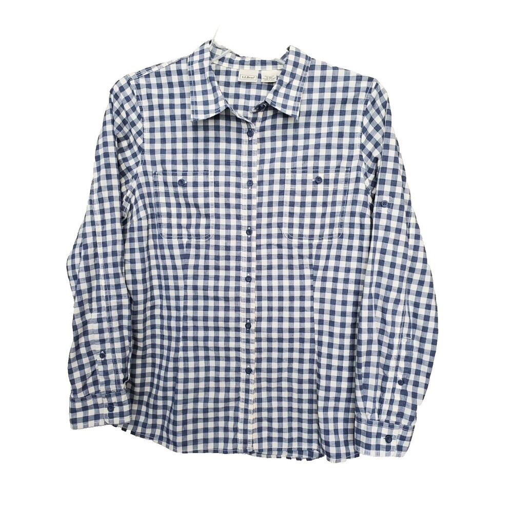 LL Bean Women's Blue Gingham Cotton Roll-Tab Sleeve Button-Up Shirt Size XL